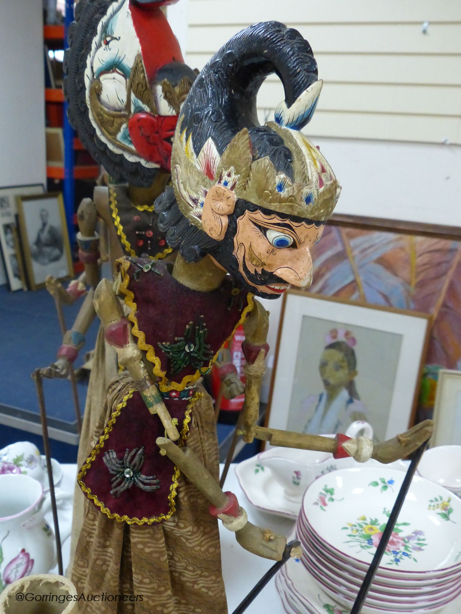 Three Indonesian stick puppets, tallest 73cm